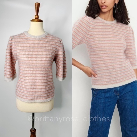 BA&SH Simael Striped Mohair Blend Short Sleeve Pullover Sweater in Rose - Picture 2 of 8